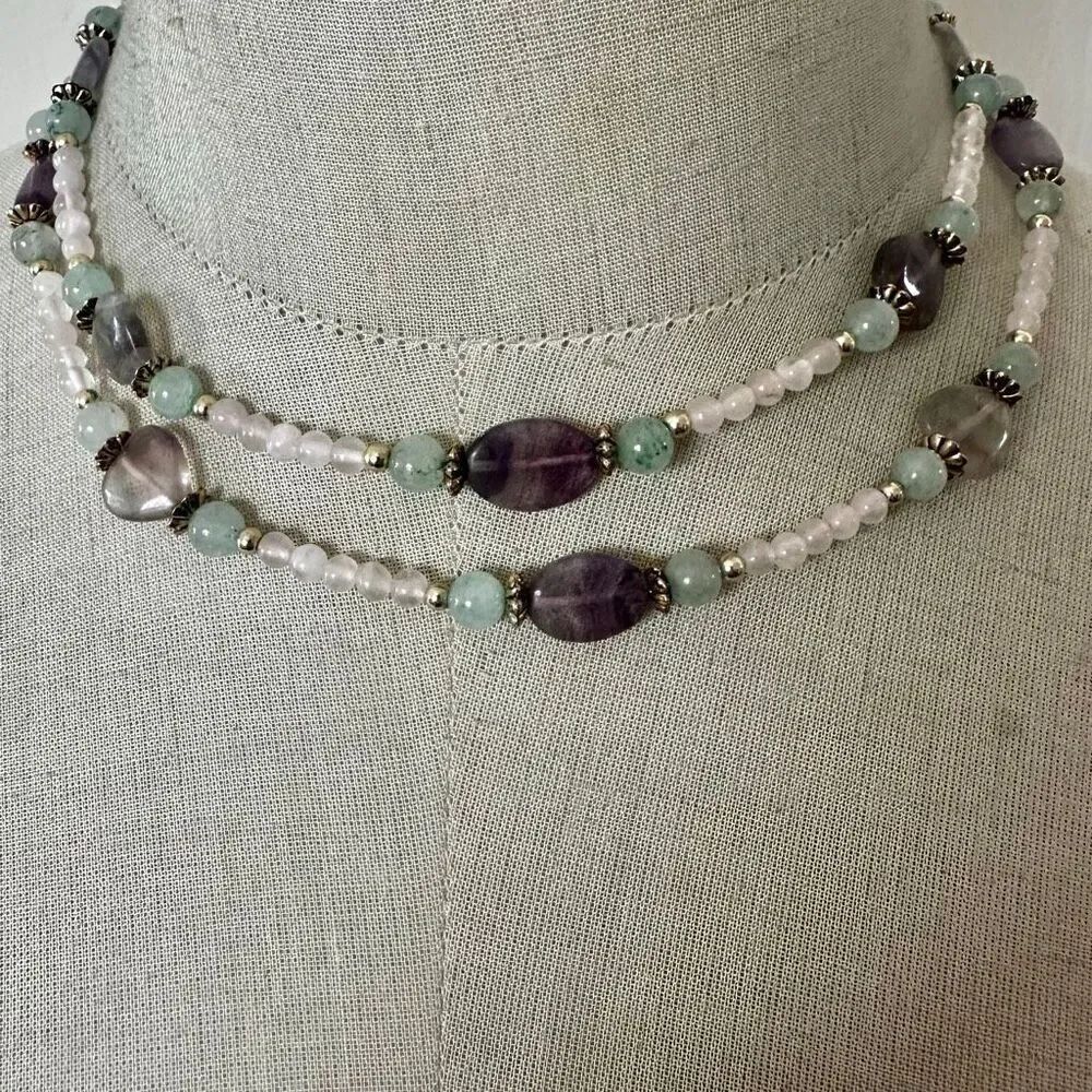 Vintage Fluorite, Rose Quartz & Aventurine Long Necklace w/ Gold-Tone Spacers